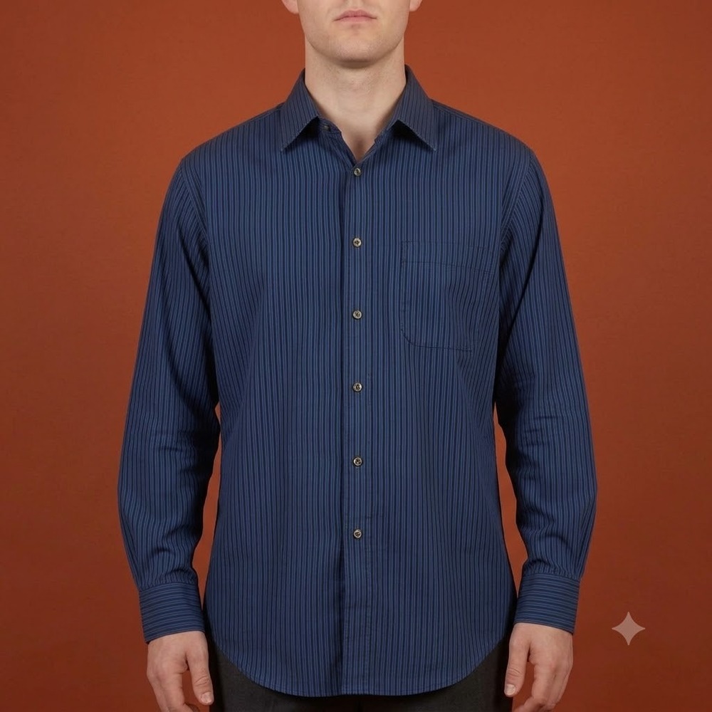 Calvin Klein Dress Shirt Mens XL 17 34/35 Blue Black Striped Cotton Long Sleeve